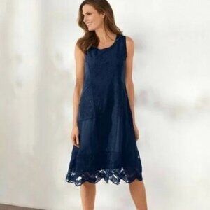 Soft Surrounding Dress Sz SP Navy Blue Suri Lace Embroidered Sleeveless Midi